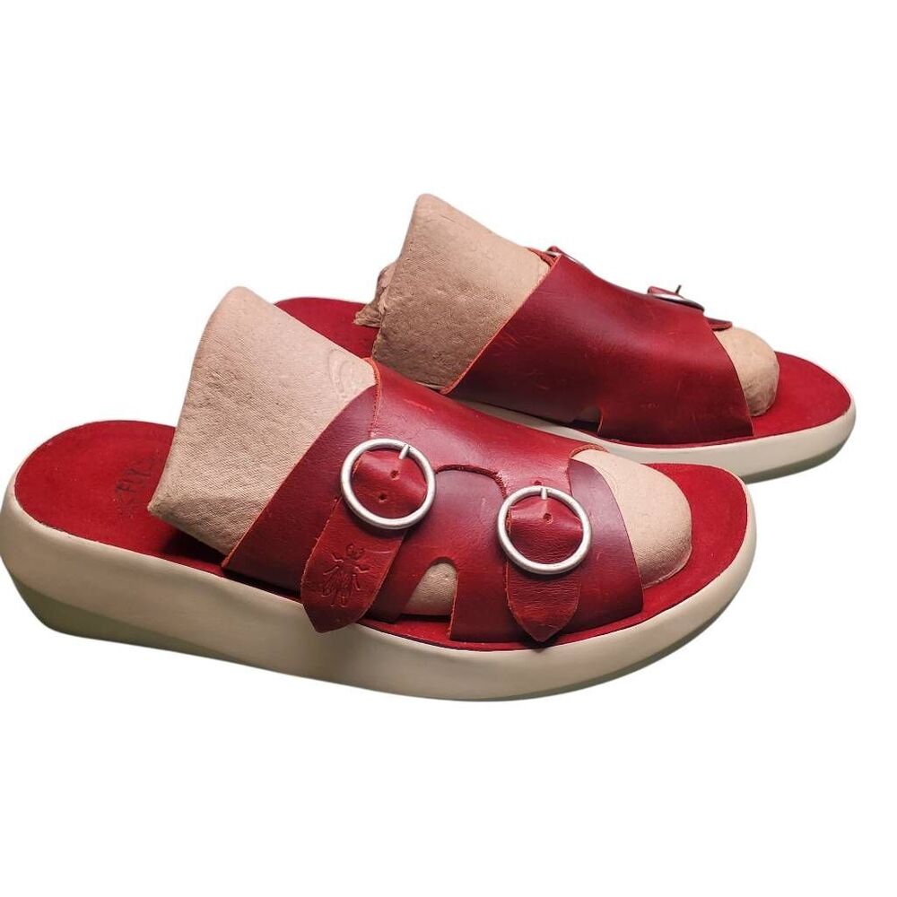 Rare Fly London Bait742fly Red Leather Double Buckle slip-on Sandals Size 40 US - Picture 3 of 10